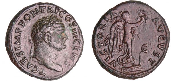 Titus - As (77-78, Rome) - Victoire A/ T CAES IMP PON TR P COS III CENS Tête laurée à droite.  R/ VICTORIA AVGVST // S C Victoire marchant à droite. (REF: C.363 (2f))