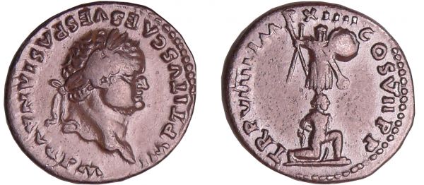 Titus - Denier (79, Rome) A/ IMP TITVS CAES VESPASIAN AVG P M Tête laurée à droite. R/ TR P VIIII IMP XIIII COS VII P P Juif à genoux à droite, soutenant un trophée. (REF: C.274 var (5f))