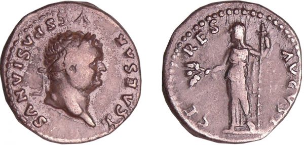 Titus - Denier - (78-79, Rome) - Cérès A/ T CAESAR VESPASIANVS Tête laurée à droite.  R- CERES AVG Cérès debout à gauche tenant des épis, un pavot et un flambeau. (REF: C.31 (2f)-RCV.2437 ($440)-RIC.219)