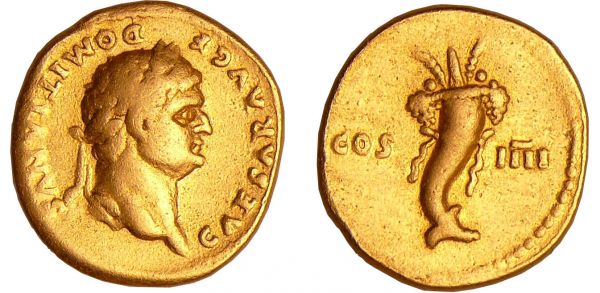 Domitien - Aureus (76, Rome) - Corne d'abondance A/ CAESAR AVG F DOMITIANVS. Buste lauré à droite.  R/ COS IIII. Corne d'abondance. (REF: C.46 (40f)-RCV.2619 ($4400)-RIC.237)