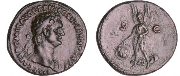 Domitien - As (85, Rome) - Victoire A/ IMP CAES DOMIT AVG GERM COS XI CENS PER PP. Tête laurée à droite.  R/ S C Victoire marchant à gauche tenant une couronne. (REF: C.468 (2f)-RCV.2811 ($560)-RIC.302)