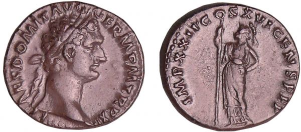 Domitien - Denier (92-93, Rome) - Pallas A/ IMP CAES DOMIT AVG GERM P M TR P XII. Tête laurée à droite.  R/ IMP XXII COS XVI CENS P P P. Pallas debout à gauche, tenant une haste. (REF: C.278 (2f)-RCV.2736 ($256)-RIC.174)