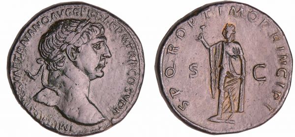 Trajan - Sesterce - (80, Rome) - L'Espérance A/ IMP CAES NERVAE TRAIANO AVG GER DAC PM TRP COS V PP.  R/ S P Q R OPTIMO PRINCIPI // S C. L'Espérance marchant à gauche, tenant une fleur et relevant sa robe. (REF: C.459 (4f)-RCV.2684 ($1440)-RIC.158)