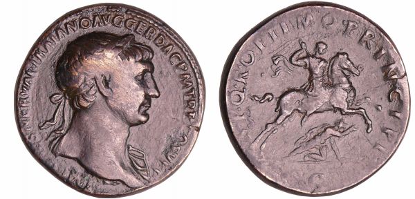 Trajan - Sesterce - (107, Rome) A/ IMP CAES NERVAE TRAIANO AVG GER DAC PM TRP COS V PP Tête laurée à droite. R/ S P Q R OPTIMO PRINCIPI // SC. Trajan à cheval tenant une haste et foulant un ennemi. (REF: C.503-RCV.3204 ($1350))