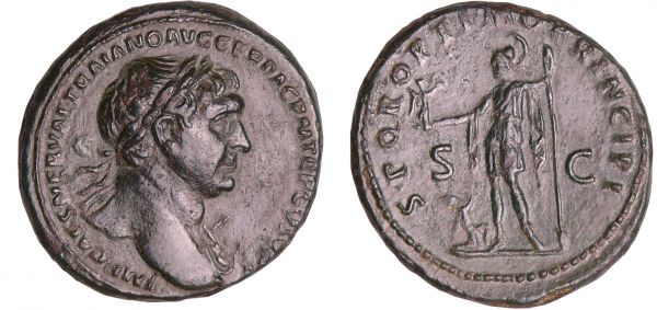 Trajan - As (104-110, Rome) A/ IMP CAES NERVAE TRAIANO AVG GER DAC P M TR P COS V P P tête laurée à droite.  R/ S P Q R OPTIMO PRINCIPI // S C Mars debout à gauche tenant une Victoire et une haste. (REF: C.388 (3f))