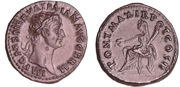 Trajan - Denier (98, Rome) - Vesta A/ IMP CAES NERVA TRAIAN AVG GERM. Buste lauré à droite.  R/ PONT MAX TR POT COS II. Vesta assise à gauche tenant une patère et une torche. (REF: C.288 (2f))