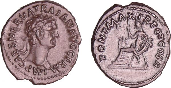 Trajan - Denier (98, Rome) - L'Abondance A/ IMP CAES NERVA TRAIAN AVG GERM. Buste lauré à droite.  R/ PONT MAX POT COS II. L'Abondance assise à gauche, tenant un sceptre. (REF: C.301 (2f)-RCV.-)