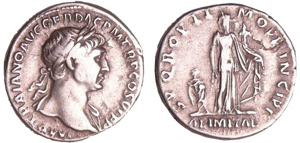 Trajan - Denier - (113, Rome) - L'Abondance A/ IMP TRAIANO AVG GER DAC P M TR P COS VI P P. Buste lauré de Trajan à droite, drapé sur l'épaule gauche.  R/ S P Q R OPTIMO PRINCIPI // ALIM ITAL. Annona debout à gauche, tenant deux épis et une corne d'abondance. (REF: C.9 (3f)-RCV.3117 ($250)-RIC.243)