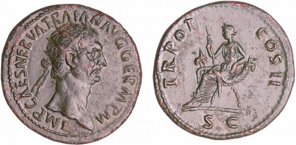 Trajan - Dupondius (98-9, Rome) - La Fortune A/ IMP CAES NERVA TRAIAN AVG GERM P M. Tête radiée à droite.  R/ TR POT COS II // SC. La Fortune assise à gauche et tenant un sceptre, sur un siège dont les deux jambes se terminent par des cornes d'abondance. Variété de légende de revers sans  P P. (REF: C.618 (2f)-RCV.3225 var ($450)-RIC.386)