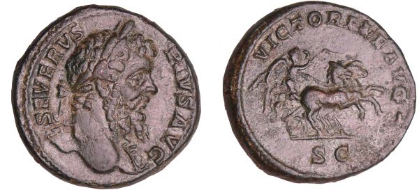 Septime Sévère - As (201, Rome) A/ SEVERVS PIVS AVG Tête laurée à droite.  R/ VICTORIAE AVGG // SC Victoire conduisant un bige à droite. (REF: C.715 (6f))