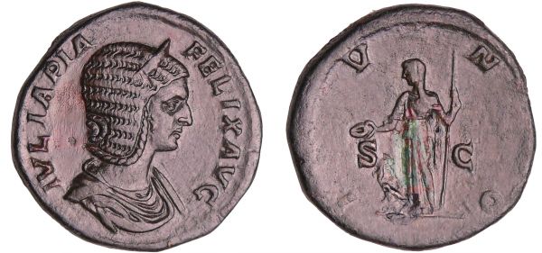 Julia Domna - Sesterce (213, Rome) A/ IVLIA PIA FELIX AVG Buste drapé à droite.  R/ IVNO Junon debout à gauche, tenant une patère et un sceptre, un paon devant elle. (REF: C.85 (8f)-RIC.584)