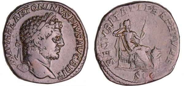 Caracalla - Sesterce (210-213 - Rome) - La Sécurité A/ M AVREL ANTONINVS PIVS AVG BRIT Tête laurée à droite. R/ SECVRITAS PERPETVA La Sécurité assise à droite, un autel devant elle, tenant un sceptre. (REF: C.576 (8f)-RCV.6952 ($1000)-RIC.512a)