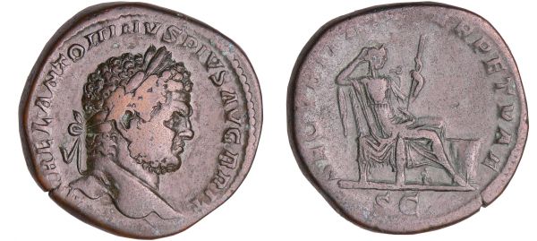 Caracalla - Sesterce (210-213 - Rome) - La Sécurité A/ M AVREL ANTONINVS PIVS AVG BRIT Tête laurée à droite. R/ SECVRITAS PERPETVA La Sécurité assise à droite, un autel devant elle, tenant un sceptre. (REF: C.576 (8f)-RCV.6952 ($1000)-RIC.512a)