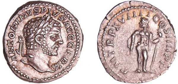 Caracalla - Denier (216, Rome) - Jupiter A/ ANTONINVS PIVS AVG GERM. Tête laurée à droite.  R/ P M TR P XVIIII COS IIII P P Jupiter debout à gauche, tenant un sceptre et un foudre. (REF: C.337)