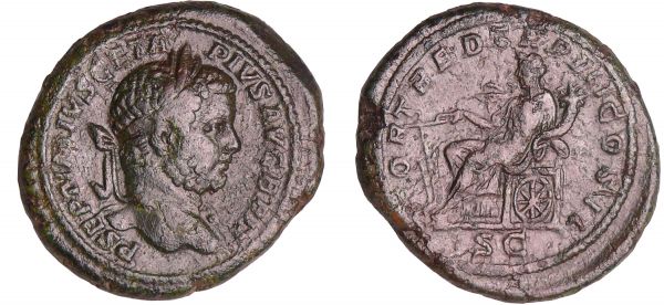 Géta - As (211, Rome) A/ P SEPTINVS GETA PIVS AVG BRIT. Buste lauré à droite. R/ FORT RED TR P III COS II // SC. La Fortune assise à gauche, tenant un gouvernail et une corne d'abondance. Sous le siège, une roue. (REF: C.53-RCV.7279 ($900)-RIC.175a)