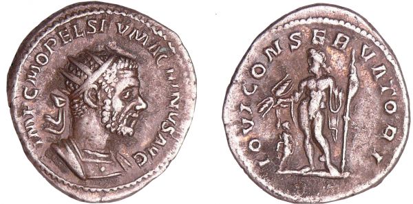 Macrin - Antoninien (217, Rome) - Jupiter A/ IMP C M OPEL SEV MACRINVS AVG Buste radié, drapé et cuirassé à droite.  R/ IOVI CONSERVATORI. Jupiter nu debout à gauche, tenant un foudre et un sceptre. (REF: C.38 (12f)-RCV.7323 ($750)-RIC.77)