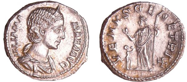 Julia Mamée - Denier (222, Rome) - Vénus A/ IVLIA MAMAEA AVG Buste nu à droite.  R/ VENVS GENETRIX Vénus debout à gauche, un enfant devant elle. (REF: C.72 (3f)-RCV.8215 ($100))