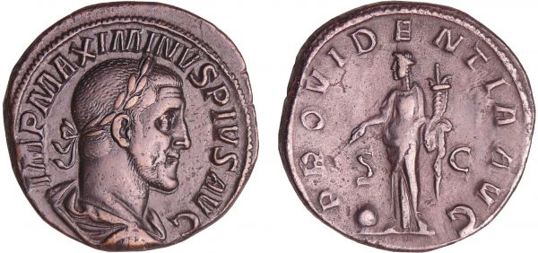 Maximin 1er - Sesterce (235-236, Rome) - La Providence A/ IMP MAXIMINVS PIVS AVG Buste lauré à droite.  R/ PROVIDENTIA AVG // SC. La Providence debout à gauche, tenant une baguette et une corne d'abondance. A ses pieds, un globe. (REF: C.80 (8f)-RCV.8337 ($450)-RIC.61)