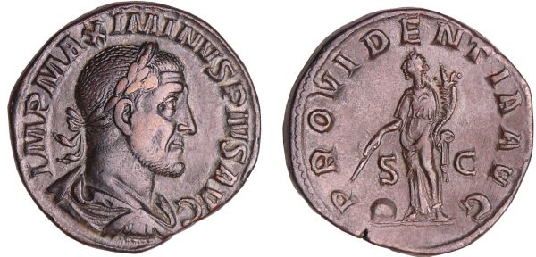 Maximin 1er - Sesterce (235-236, Rome) - La Providence A/ IMP MAXIMINVS PIVS AVG Buste lauré à droite.  R/ PROVIDENTIA AVG // SC. La Providence debout à gauche, tenant une baguette et une corne d'abondance. A ses pieds, un globe. (REF: C.80 (8f)-RCV.8337 ($450)-RIC.61)