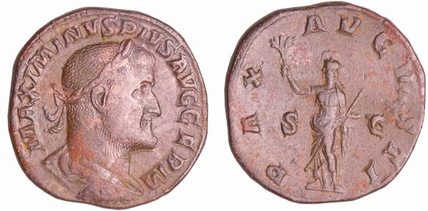 Maximin 1er - Sesterce (326-8, Rome) - La Paix A/ IMP MAXIMINVS PIVS AVG Buste lauré et drapé à droite.  R/ PAX AVGVSTI. La Paix debout à gauche, tenant un rameau et un sceptre transversal. (REF: C.38-RCV.8332 ($450)-RIC.81)