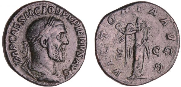 Pupien - Sesterce (238, Rome) - La Victoire A/ IMP CAES M CLOD PVPIENS AVG Buste lauré et drapé à droite.  R/ VICTORIA AVGG // SC La Victoire à gauche, tenant une palme et une couronne. (REF: C.38 (12f)-RCV.8539 ($1350)-RIC.23)