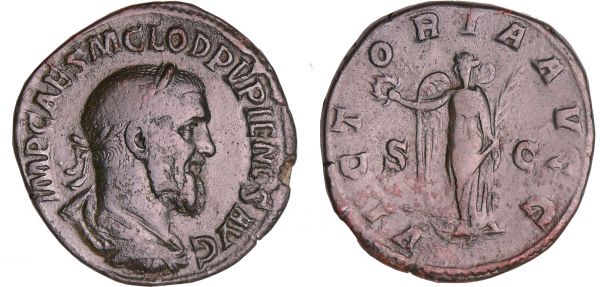 Pupien - Sesterce (238, Rome) - La Victoire A/ IMP CAES M CLOD PVPIENS AVG Buste lauré et drapé à droite.  R/ VICTORIA AVGG // SC La Victoire à gauche, tenant une palme et une couronne. (REF: C.38 (12f)-RCV.8539 ($1350)-RIC.23)