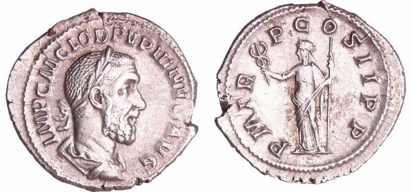 Pupien - Denier - (238, Rome) - La Paix A/ IMP C M CLOD PVPIENVS AVG Buste lauré à droite.  R/ P M TR P COS II P P. La Paix debout à gauche, tenant un caducée et un sceptre.  Rare dans cet état. (REF: C.28 (10f))