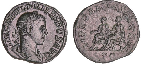 Philippe II - Sesterce (248, Rome) - Philippe 1er et Philippe II A/ IMP M IVL PHILIPPVS AVG Buste lauré et drapé à droite.  R/ LIBERALITAS AVGG II // SC. Philippe père et son fils assis à gauche. (REF: C.18 (10f)-RCV.9279 ($450))