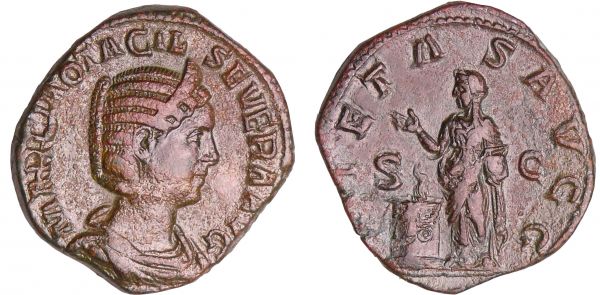 Otacilie - Sesterce (244-245, Rome) - La Piété A/ OTACIL SEVERA AVG Buste diadémé à droite.  R/ PIETAS AVG // S C La Piété debout à gauche, levant la main et tenant une boite à parfums. A ses pieds, un autel allumé et paré. (REF: C.40-RCV.9167 ($450)-RIC.198a)