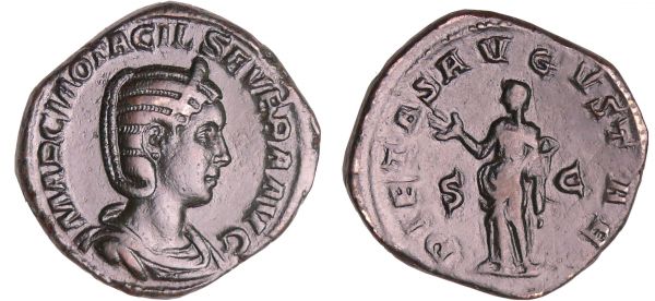 Otacilie - Sesterce (245-47, Rome) - La Piété A/ MARCIA OTACIL SEVERA AVG Buste diadémé à droite.  R/ PIETAS AVGVSTAE // SC. La Piété debout à gauche, levant la main et tenant une boite à parfums. (REF: C.46-RCV.9168 ($400)-RIC.208a)