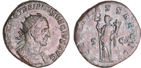 Trajan Dèce - Double sesterce (250, Rome) - Le Génie A/ IMP C M Q TRAIANVS DECIVS AVG Buste radié et drapé à droite.  R/ FELICITAS SAECVLI // SC La Félicité debout à gauche tenant un caducée et une corne d'abondance. (REF: C.40 (30f)-RIC.115c-RCV.9395 ($4000))