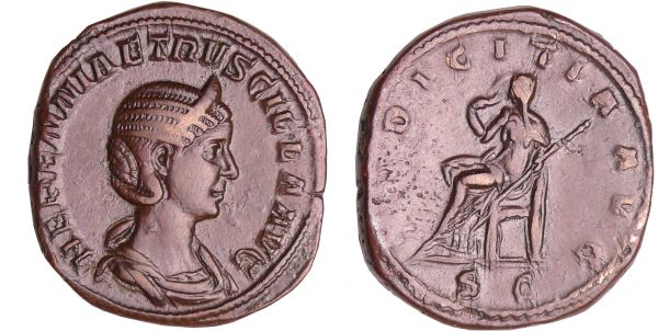 Etruscille - Sesterce (250, Rome) - La Pudeur A/ HERENNIA ETRVSCILLA AVG Buste diadémé à droite.  R/ PVDICITIA AVG // SC. La Pudeur assise à gauche, ramenant son voile sur le visage et tenant un sceptre transversal. (REF: C.22 (8f)-RCV.9506 ($450)-RIC.136d)