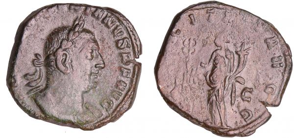 Valérien - Sesterce (255-258, Rome) - La Félicité A/ IMP C P LIC VALERIANVS P F AVG Buste lauré et drapé à droite.  R/ FELICITAS AVGG // S SC La Félicité debout à gauche, tenant un caducée et une corne d'abondance. (REF: C.58 (6f)-RCV.10011 ($600)-RIC.157)