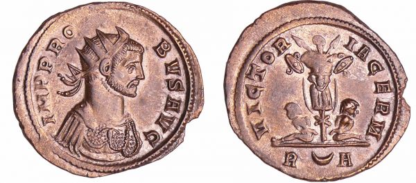 Probus - Aurélianus (Rome) A/ IMP PROBVS AVG Buste radié et cuirassé à droite.  R/ VICTORIA GERM // R(croissant)A. Trophée entre deux captifs assis, les mains liées dans le dos. (REF: C.768-RIC.222)