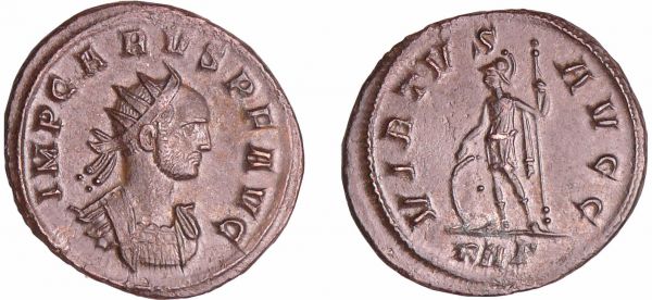 Carus - Aurélianus (Rome) A/ IMP CARVS P F AVG Buste radié et cuirassé à droite.  R/ VIRTVS AVGG // KAΓ Soldat casqué à gauche, appuyé sur un bouclier et tenant une haste. (REF: C.110-RCV.46)