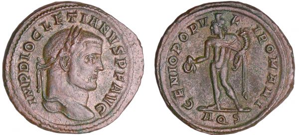 Dioclétien - Follis (204-305, Aquilée) A/ IMP DIOCLETIANVS P F AVG Buste lauré à droite.  R/ GENIO POPVLI ROMANI // AQS Le Génie debout à gauche, tenant une patère et une corne d'abondance. (REF: C.94)