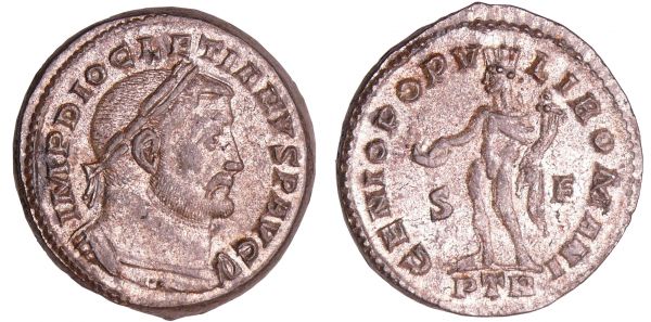 Dioclétien - Follis (Trèves) A/ IMP DIOCLETIANVS P AVG Buste lauré et cuirassé droite.  R/ GENIO POPVLI ROMANI S|F // PTR Génie debout à gauche, tenant une patère et une corne d'abondance. Monnaie de poids lourd. (REF: C.91)