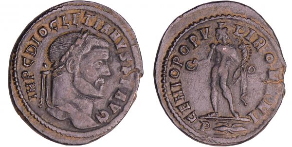 Dioclétien - Follis (Rome) A/ IMP C DIOCLETIANVS P F AVG Buste nu et lauré à droite.  R/ GENIO POPVLI ROMANI // P (foudre) Le Génie debout à gauche, tenant une patère et une corne d'abondance. (REF: C.101)