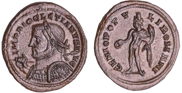 Dioclétien - Follis (Londres) A/ IMP DIOCLETIANVS AVG Buste lauré et cuirassé gauche, tenant une haste et un bouclier. R/ GENIO POPVLI ROMANI Le Génie debout à gauche, tenant une patère et une corne d'abondance. (REF: C.90 (2f))