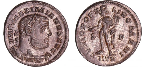 Maximien Hercule - Follis (Trèves) A/ IMP MAXIMIANVS AVG Buste lauré et cuirassé à droite.  R/ GENIO POPVLI ROMANI - S | F // II TR. Le Génie debout à gauche, tenant une patère et une corne d'abondance. (REF: C.153)