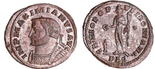 Maximien Hercule - Follis (Lyon) A/ IMP MAXIMIANVS AVG Buste lauré et cuirassé à gauche.  R/ GENIO POPVLI ROMANI // PLC Le Génie debout à gauche, tenant une patère et une corne d'abondance. Un autel allumé à ses pieds. (REF: C.199)