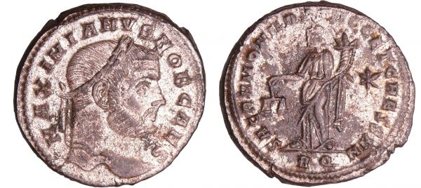 Galère Maximien - Follis (305-311, Aquilée) A/ MAXIMIANVS NOB CAES Tête laurée à droite.  R/ SACRA MON VRB AVGG ET CAESS NN | * // AQ. La Monnaie debout à gauche, tenant une balance et une corne d'abondance. (REF: C.189)