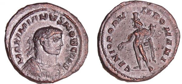 Galère Maximien - Follis (Londres) A/ MAXIMIANVS NOB CAES Buste lauré à droite et portant le manteau impérial. R/ GENIO POPVLI ROMANI Le Génie debout à gauche, tenant une patère et une corne d'abondance. (REF: C.58)