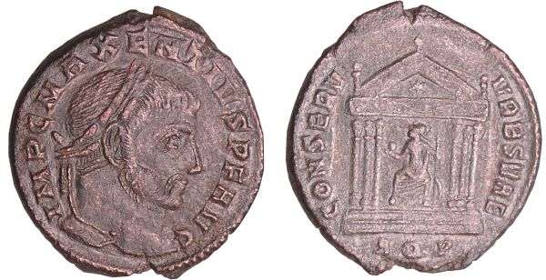 Maxence - Follis (308-310, Aquilée) A/ IMP C MAXENTIVS P F AVG Buste lauré à droite.  R/ CONSER VRB SVAE // AQP Rome assise de face, regardant à gauche, dans un temple à six colonnes, tenant un globe et un sceptre. A ses côtés, un bouclier. Sur le fronton du temple, une couronne. (REF: C.21)