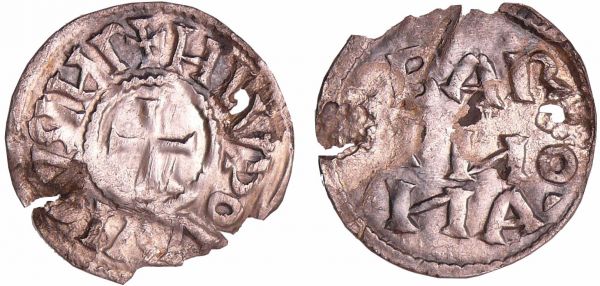 Louis 1er Le Pieux (814-840) - Denier (Barcelone) A/ + HLVDOVVICVS IMP. Croix.  R/ BAR / CINO / NA Flanc percé. (REF: Prou.830)