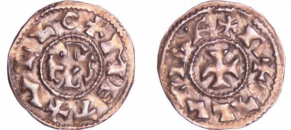 Charles II Le Chauve (840-877) - Denier (Melle) A/ +CALVS REX R Croix. R/ + MET+VLLO Monogramme de Karolus. (REF: Nou.41 var-Dey.606-MG.1064-Prou.699-701)