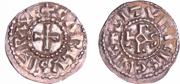 Charles II Le Chauve (840-877) - Obole (Bourges) A/ + CARLVS IMP AVG Croix. R/ + BITVRICES CIVIT Monogramme Carolin. (REF: Nou.239-Prou.745-746)