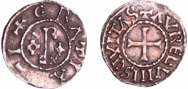 Eudes (887-898) - Denier (Orléans) A/ GRATIA D-I au centre, ODO REX disposé en croix. R/ AVRELiVNIS CIVITAS Croix. (REF: Nou.28b-Dep.163)