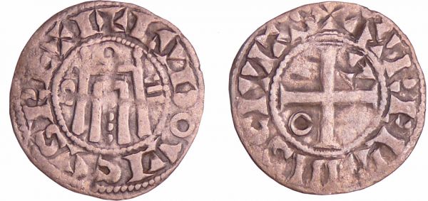 Louis VI (1108-1137) - Denier d'Orléans A/ + LVDOVICVS REX I. Porte de ville, accostée d'un oméga et de 3 tirets.  R/ + AVRELIANIS CIVITAS. Croix cantonnée d'un lambda et d'un annelet. (REF: Dy.120-C.111-L.130)