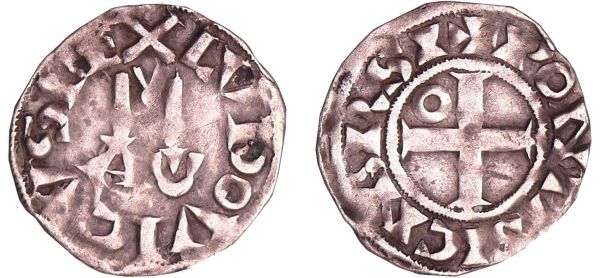 Louis VI (1108-1137) - Denier de Pontoise - 6ème type A/ LVDOVICVS REX dans le champ. W et A suspendus de part et d'autre d'un V.  R/ +PONTISICNRRSI. Croix cantonnée d'un annelet.  (REF: Dy.131-C.-L.135)